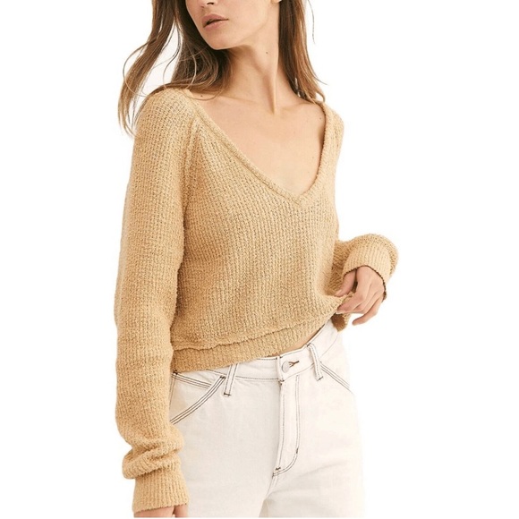 Free People High-low V-neck Sweater In Camel Women's Size Medium - Picture 1 of 8